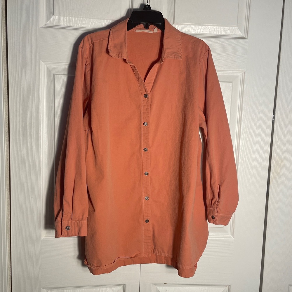 Soft Surroundings Coral Orange Tunic Shirt Women 1X Button Down Long Sleeve Top